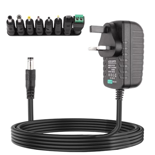 Universal Power Supply Cable Adapter AC 100-240V to DC 12V 3A with 8 Replacement Tip 5.5x2.1mm Multi Plug Head Compatible with LED Strip Lights Camera Router Laptop Monitor TV Box Printer