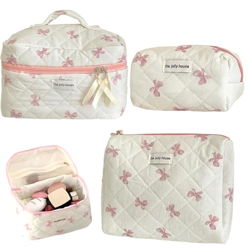 Bolsa de maquillaje con lazo acolchada en set de 3 piezas portátiles para viajes de mujeres