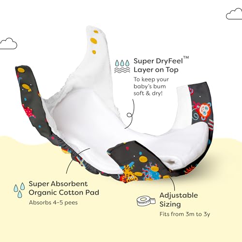 Image of superbottoms UNO Freesize Premium Cloth Diaper for babies (3m-3y) + Organic Cotton Pad | Washable & Reusable 300+ Times | Superior Absorption | Waterproof | Super Soft & Gentle - Alphabets, 1 count