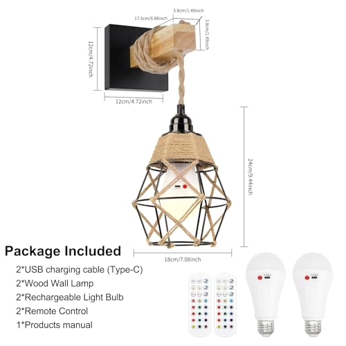 Image of FRIDEKO HOME Farmhouse Rustic Wall Sconces, Battery Operated Set of Two, Rattan Dimmable Wireless Rechargeable Wall Lamp with RGB 12 Colors & 3 Timer, Boho Lighting for Bedroom, Black