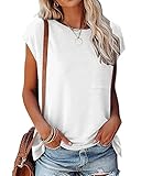 POGTMM Damen Tunika Sommer Kurzarm Locker Rundhals Plain Basic Bluse mit Tasche Casual Loose T-Shirt (S,Weiß)