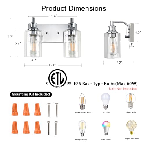 Image of 2-Light Bathroom Light Fixtures Modern Chrome Vanity Lights for Bathroom Lighting Fixtures Over Mirror for Cabinet Mirror Bedroom Hallway