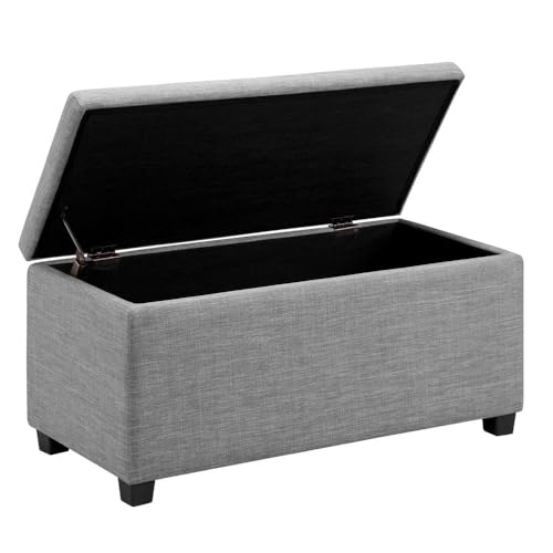 Image of Amazon Basics Upholstered Storage Ottoman Bench with Soft Close Lid for Entryway, Living Room, Bedroom, Child-Safety Hinge, 35.5 inchW x 16.5 inchD x 17 inchH, Light Gray, No Assembly Required