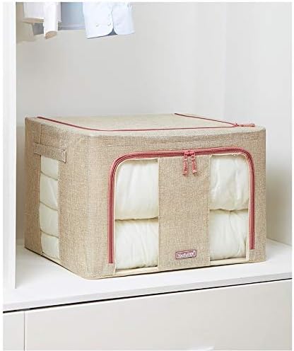 Moonday Zipped Storage Organiser Box, Huge Capacity Thick Nonwoven Bag for Bedding, Comforters, Blankets, Duvets, Clothes, Fordable Steel Frame (Twin Pack) (Beige, 66 Litre)
