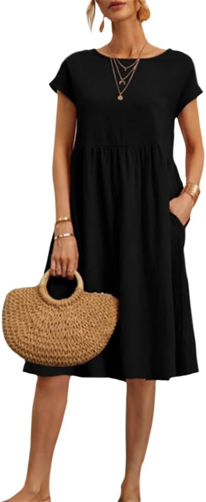Women Cotton Linen Dresses Crewneck Short Sleeve Casual Summer Beach Vacation Midi Dress with Pockets 2025 Trendy