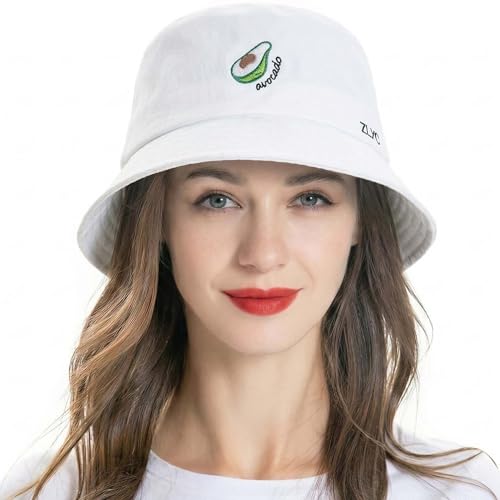ZLYC Unisex Fashion Embroidered Bucket Hat Summer Fisherman Cap for Men Women Teens, White Avocado, One size