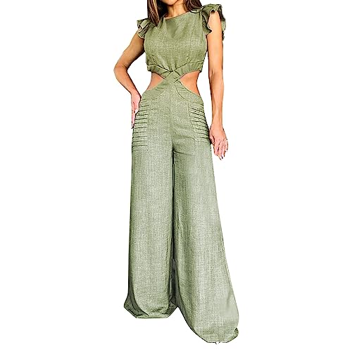 Novo macacão de verão gola redonda com babados e calças soltas para gestantes (verde, P)