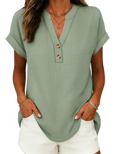 ANRABESS Womens Tops Short Sleeve Henley Shirts Summer V Neck Dressy Casual Tunic Blouses 2026 Trendy Beach Vacation Clothes Light Green M
