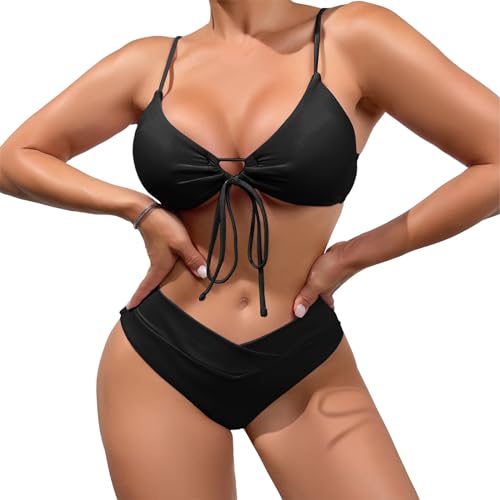 meioro Bikini Set für Donna Triangel Cut out Badeanzug, V Ausschnitt Zweiteiliger Bademode Low Waist Unterteil Swimsuit, Sexy Kordelzug Knot Swimmanzug Badeanzüge für Frauen (Schwarz,M)