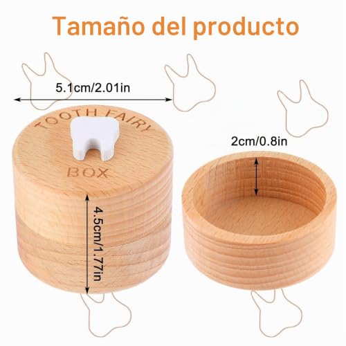 Miniatura 3 de Babyzoco Caja De Madera Para Dientes De Leche, Guardadientes, Estuche Para Dientes Infantil, 5.1 Cm Diámetro X 4 Cm Altura, Madera