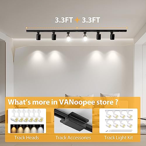 VANoopee H Track Lighting Rails Kit, 6.6FT H Type Rails Black with End Caps and Live End Feed Connector, Compatible with Single Circuit 120V H Style Track System, for LED Track Lighting Heads