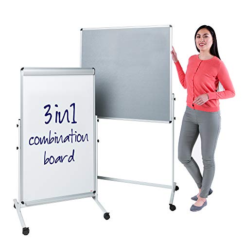 Image of Wonderwall Dual Height Adjustable Mobile Grey Noticeboard, Mobile Magnetic Whiteboard, Flipchart Easel – 100 x 100cm - for Office, School, Display, Presentation