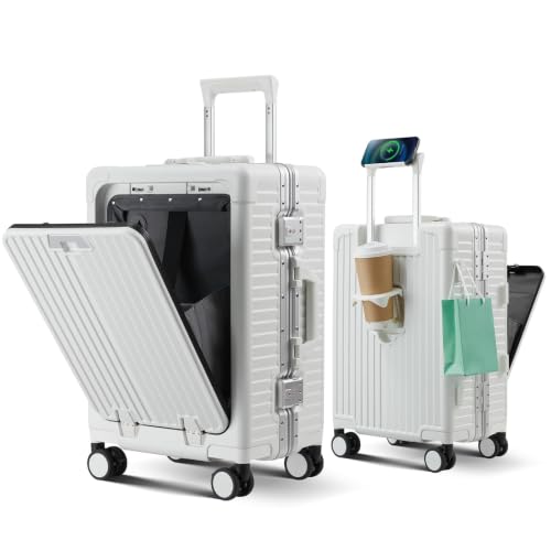 cllson Carry on Luggage Aluminium Frame with Cup Holder,Top opening Suitcases and USB Charging Port,Lightweight with Front Pocket Rolling Suitcases with Spinner Wheels (White, 20Inch) by cllson - Used condition - US$139.11
