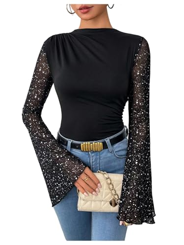 GORGLITTER Women's Sequin Contrast Mesh Ruched Bodysuits Mock Neck Bell Long Sleeve Leotard Top Black L
