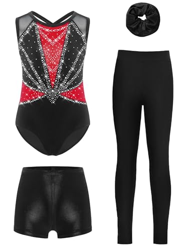 Ensemble de gymnastique fille avec justaucorps de danse, legging, short et chouchou strass