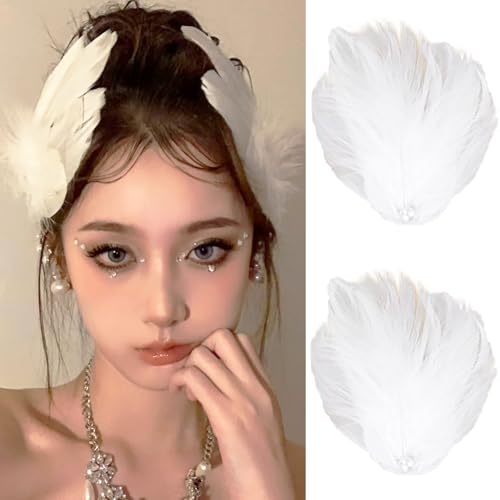 White Feather Hair Clips for Women, 2 Pcs Ballet Pearl Hair Clips, Elegant Ostrich Feather Hair Pins for Wedding Bridal Party, Birthday, Stage Performance, Cosplay Headwear Hair Accessories