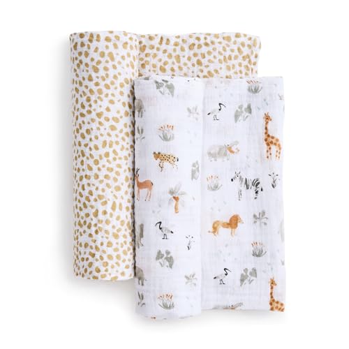 Image of aden + anais Essentials Cotton Muslin Swaddle, Breathable Baby Blanket, Ideal for Boys, Girls, Newborns, Babies & Infants, Receiving Blanket, Soft and Lightweight Wrap, 2 Pack, Giraffe Safari