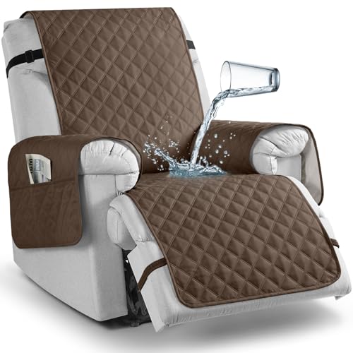 TAOCOCO Waterproof Recliner Chair Covers with Leg Strap - 1 Piece Washable Reclining Chair Cover for Pets & Kids, Furniture Protector (23'' Small, Brown)