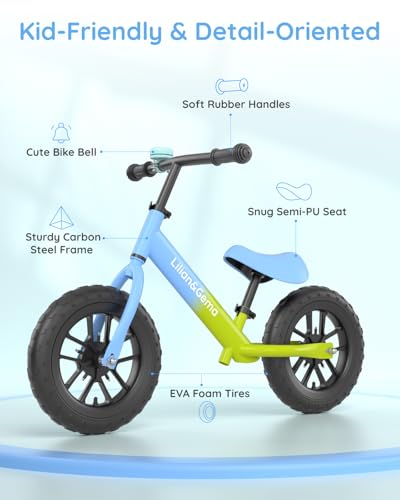 Lilian&Gema Toddler Balance Bike Colorful Lighting, 12'' Kids Balance Bike for 2-5 Years Old with Adjustable Seat & Handlebar, Toddler Gift Bike Suitable for Boys and Girls Ages 2 3 4 5, Blue - Thumbnail 6