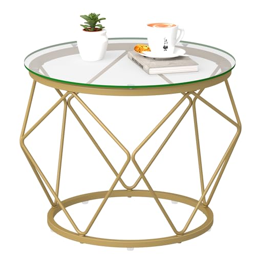 Hzuaneri Mesa de Centro Redonda, Mesa Auxiliar con Marco de Metal, Pequeña Mesas Auxiliar para Sala de Estar, Dormitorio, Oficina, Oro CT21899G