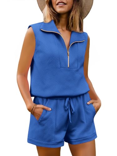 Tankaneo Womens 2 Piece Outfits Short Sets Half Zip Sleeveless