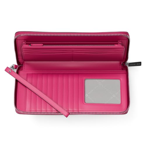 Image of Michael Kors Women's Jet Set Travel Continental, Silver-Tone Hardware /MK Signature Semi Lux Black, Raspberry