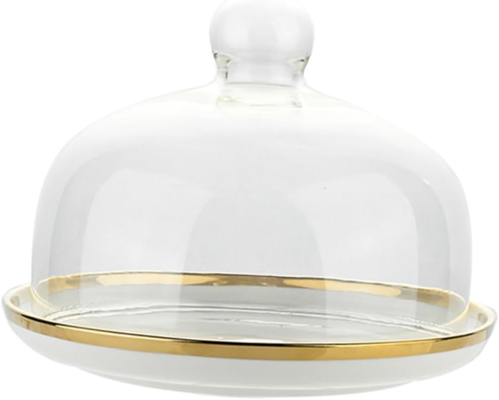 Clear Glass Cake Dome with White Ceramic Plate and Gold Rim Dessert Display Stand for Home Restaurant and Hotel Use Food Protective Cover for Cakes Cupcakes and Snacks Dust