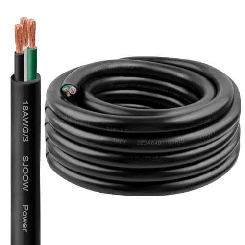 18/3 SJOOW Wire 25FT 18 AWG 300V SJOOW Bulk Cable 18 Gauge 3 Conductor Portable Cable for Welder Generator Portable Light Circuits EV Car Charger Motor Lead