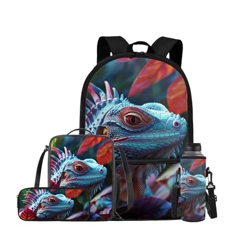 ELEDIZI Dragon Lizard Backpack for Kids Boys Backpack with Lunch Box Water Bottle Bag and Big Pencil Case 4PCS Set Bookbag with Front Pocket for School Teens 17" Large School Bag with Side Pocket
