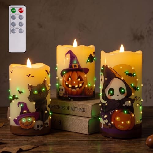 Image of Halloween Flameless Candles, Battery Operated Candles with Remote | Fiber Optic Flameless Pillar Candles Set Of 3 For Halloween Decorations Indoor