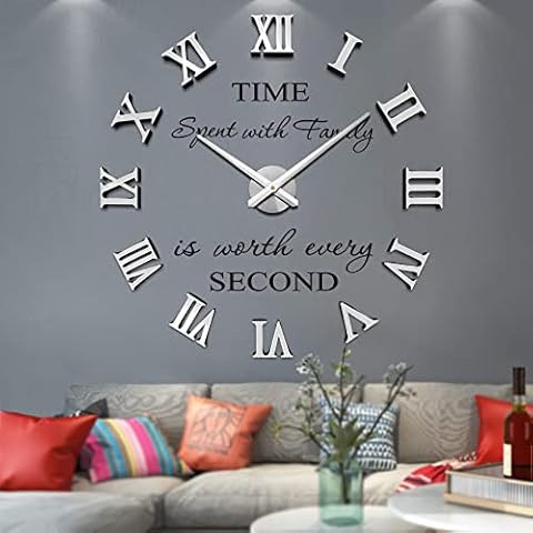 Mute DIY Frameless Large Wall Clock Roman Numerals 3D Mirror Sticker Home Office Decorations (Silver) Cover