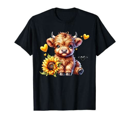 Cute Highland Cow with Sunflower Women Girl T-Shirt