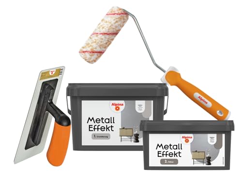 Alpina Effektfarbe Metall-Effekt Set – Silber – edle Effektfarbe mit Grundierung (2,5 Liter) und Finish (1 Liter) – inkl. Effekt-Kelle & Roller