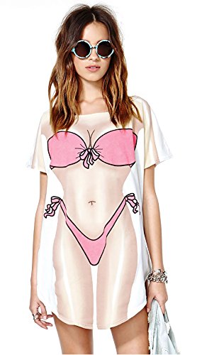 JEYKAY Lady's Cute Bikini Print Cover Up T-Shirt Loose Long Dress4