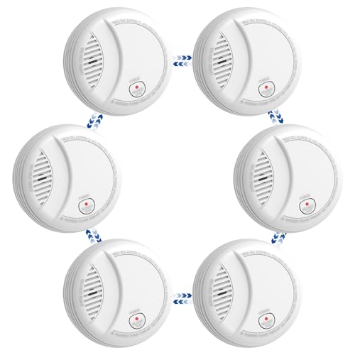 Hapippofa Interlinked Smoke Detector, Wireless Interconnected Smoke Alarm, 10-Year Sensor, Silence/Test Button & 9V Battery Backup for Whole Home Safety 6PCS