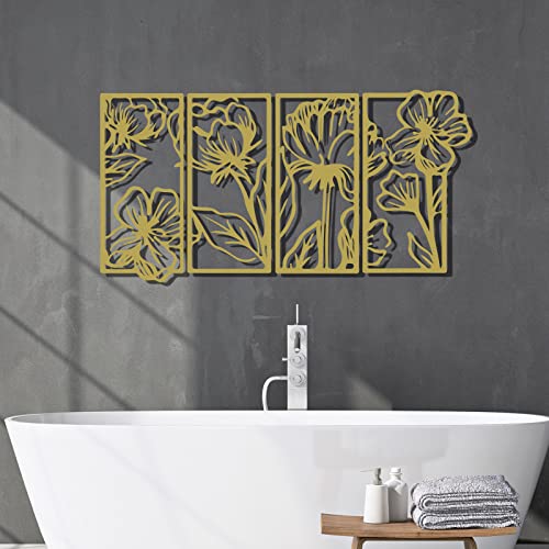 Cunno 4 Pcs Wall Decor Metal Floral Minimalist Line Art Wall Living Room Bedroom Flower Aesthetic Modern Sculpture Poppy Theme Hanging Home Kitchen Bathroom Decorations (Gold, Stylish) #TOP4