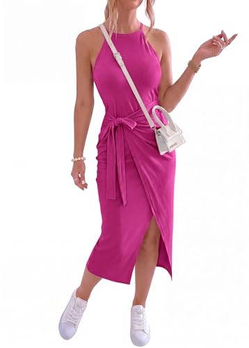 Image of NOLLSOM Women Casual Sleeveless Striped Tank Midi Dresses Halter Neck Ruched Bodycon Dresses Tie Waist T Shirt Summer Dress