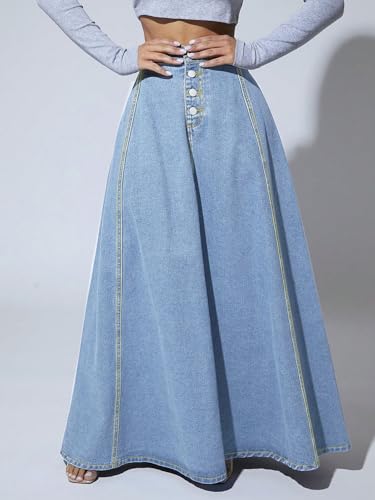 CHARTOU High Waisted Maxi Denim Skirt Women Elegant Pleated Button Up Patchwork Flowy Long Jean Skirts3