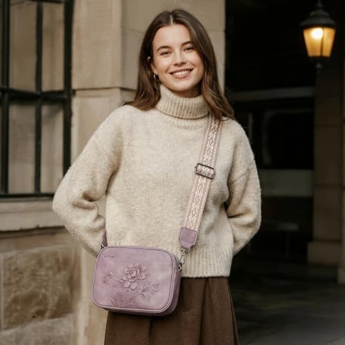 Image of Small Crossbody Purses for Women, Trendy Vegan Leather Crossbody Bag Embossed Travel Shoulder Handbags with Wide Strap