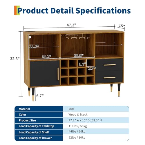 Image of 47 inch Bar Cabinet with LED Lights & Charging Station, Freestanding Liquor Cabinet with for Living Room, Decorative Kitchen and Living Room Compact Wine Bottle Storage for Living Room, Brown