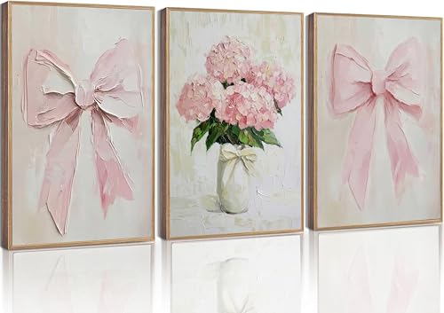 Image of 3Pcs Trendy Pink Bows Canvas Wall Art for College Apartment Bedroom Decor