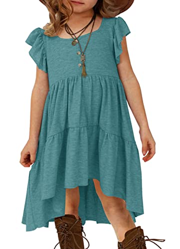 Hosika Girls Summer Dress Ruffle Sleeve Button Down Pleated Tiered Swing Casual Dresses With Pockets For 6-12 Years Teal Small #TOP29