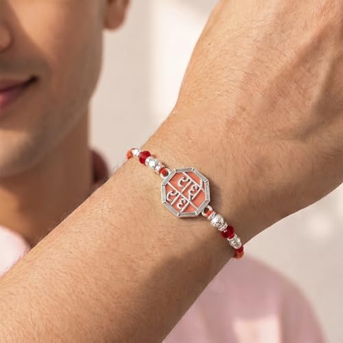 Image of Peora Rakhshabandhan Thread Rakhi for Brother Bhaiya | Kundan Beads & Crystal Studded | Combo Set of 2 | Rakhi Hamper Roli Chawal & Greeting Card