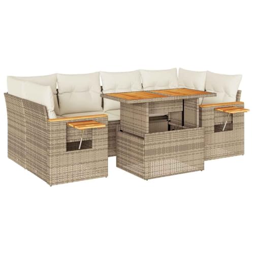 SooIarix Juego de 7 muebles de jardín beige con cojines de ratán sintético y madera de acacia, 7 piezas con espacio de almacenamiento, sofá de exterior para jardín, salón y balcón, resistente a la