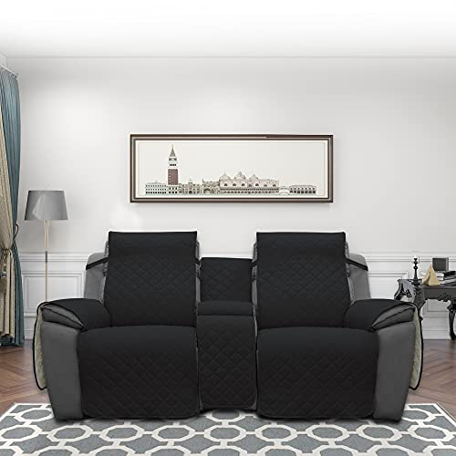Image of Easy-Going Loveseat Recliner Cover with Console, Reversible Couch Cover for Living Room, Split Sofa Cover for Each Seat with Elastic Straps for Kids, Dogs, Pets(2 Seater, Black /Beige)