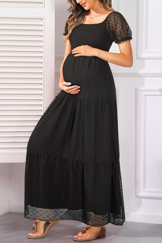 Image of Off The Shoulder Maternity Dress for Baby Shower - Women's Boho Swiss Dot Smocked Puff Sleeve Maxi Dress