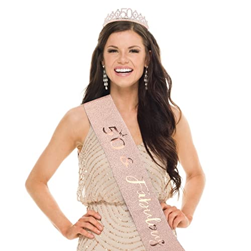 CIEHER 50th Birthday Crown + 50 & Fabulous Sash+Pearl Pin Set, Tiara, 50th Gifts, Decorationsfor Women Friends, Happy Party Favor Supplies