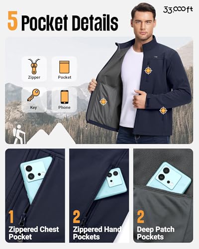 33,000ft Mens Waterproof Jackets Fleece Lining Softshell Jackets mens Outdoor Windproof Work Hiking Jackets for Men with Zip Pocket - Image 5