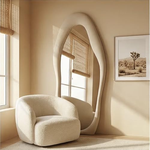 Image of The Artment Fluid Reflection Unbreakable Full-Length Asymmetrical Shape Mirror with Plush Velvet Beige Color Frame, Floor-Standing or wall-Leaning Design for Bedroom & Dressing Area (170 X 70 CM)