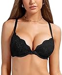 DOBREVA Women's Push Up Lace Bra Sexy Plunge Padded Underwire Support Bras Lift Up Black 34C
